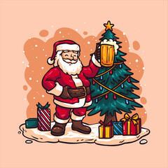 Santa Claus's Holiday Cheers: A jolly Santa Claus, adorned in his iconic red suit, raising a mug in a festive toast beside a decorated Christmas tree and an array of wrapped presents.