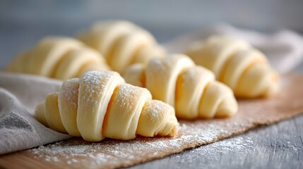 Close up view of fresh raw croissant dough pastries lightly dusted with white powdered sugar presented on a rustic wooden board with a linen cloth evoking a sense of homemade baking and prepa n