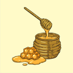 Golden Nectar: A visually appealing illustration of a pot overflowing with golden honey and a honeycomb, evoking a sense of sweetness and nature's bounty.