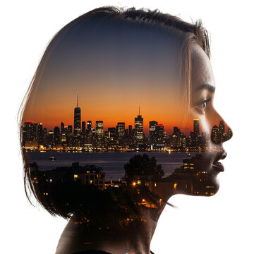 Double exposure portrait of a woman s profile superimposed with a vibrant city skyline at sunset isolated on transparent background