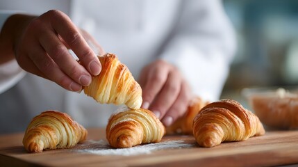 Baker s hands delicately place golden croissants dusted with powdered sugar on a wooden board showcasing culinary ry and fresh baked goods
