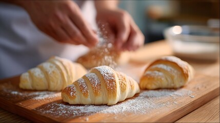 Close up of hands delicately dusting golden flaky croissants with powdered sugar showcasing the artisanal prepa n of a delicious baked treat on a rustic wooden surface