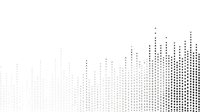 A monochromatic abstract background featuring a wave like pattern of dots that increase in size and density from light gray to black suggesting sound data or progression