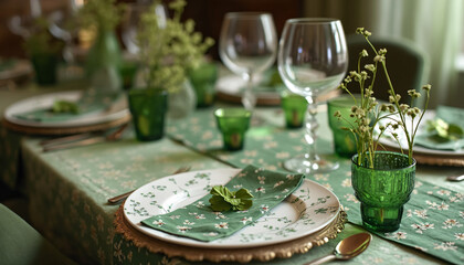 Table setting with green floral pattern and green glassware