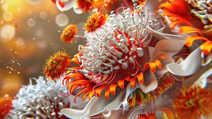 Abstract close-up of vibrant, stylized, floral-like forms with a soft, bokeh background