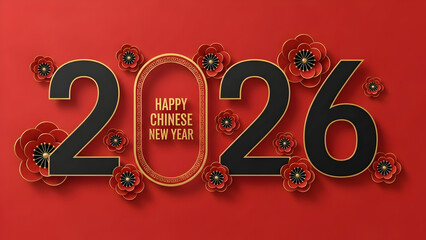 Happy chinese new year 2026 greeting card design with red poppies and gold accents on red background