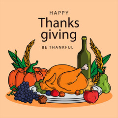 Festive hand drawn illustration featuring a perfectly roasted turkey surrounded by autumn harvest bounty like pumpkins grapes and a bottle of wine for holiday celebration