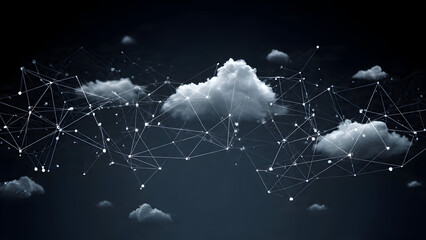 A conceptual workflow map with nodes, lines, and cloud icons forming a digital connection network