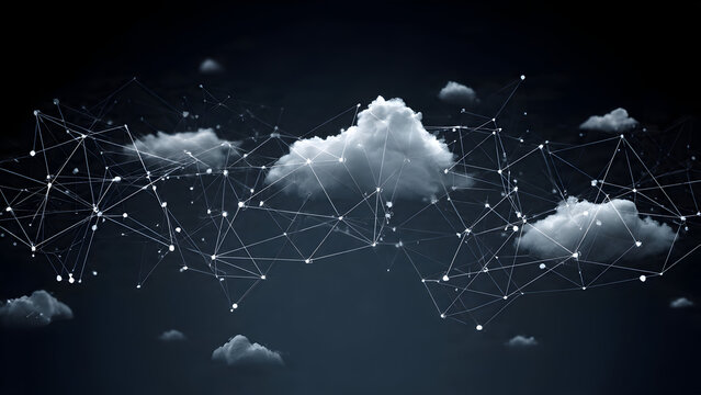 A conceptual workflow map with nodes, lines, and cloud icons forming a digital connection network - Powered by Adobe