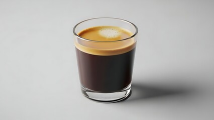Close-up of a single shot of espresso in a clear glass on a white background.