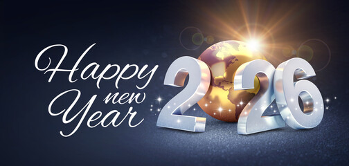 Happy New Year 2026 greeting card, best wish date numbers gold earth globe, black background