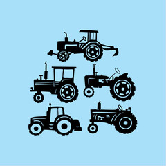 Collection of five distinct black silhouette farm tractor icons displayed against a solid light blue background representing agricultural machinery and rural transport themes