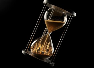 City forming inside hourglass as time flows