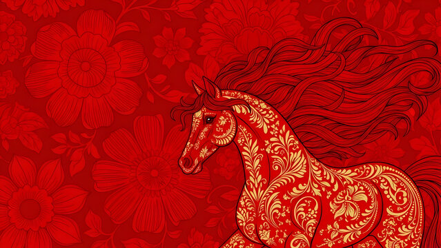 Ornate red horse with intricate damask pattern on textured red background - Powered by Adobe