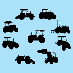 Collection of diverse black tractor silhouettes showcasing various agricultural machinery types against a solid light blue background perfect for farming design projects