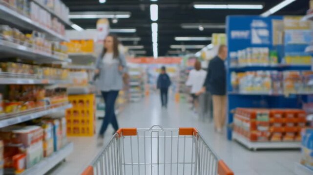 POV of a shopping cart moving through a bright, well-stocked supermarket aisle with blurred customers browsing products on shelves