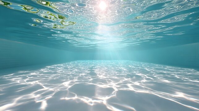 An immersive underwater perspective of a pristine swimming pool where brilliant sunlight penetrates the turquoise water - Powered by Adobe