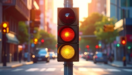 Glowing traffic light sequence in an urban street scene with warm, blurred background and pedestrian crossing