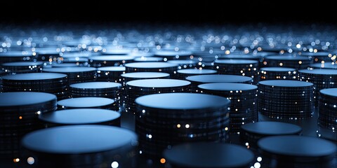 Futuristic landscape of dark blue glowing cylindrical platforms with bright data points