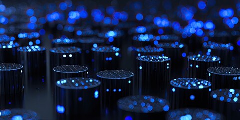 Abstract dark scene with illuminated cylindrical elements and bright blue bokeh lights