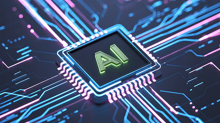 Futuristic AI processor embedded in glowing digital circuit board with neon lines and luminous pathways representing artificial intelligence cyber technology data connectivity and advanced innovation
