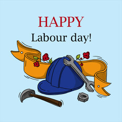 Celebrating labor day with a festive illustration featuring a blue hard hat a wrench a hammer and a decorative yellow ribbon with small red flowers against a light blue background