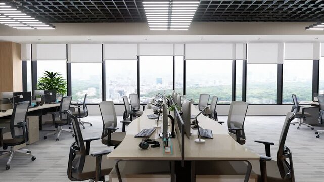 Modern open-plan office interior with empty workstations, ergonomic chairs, large windows overlooking a city landscape.