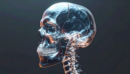 Glowing, translucent human skull and spine rendered in side profile against a dark gradient background with detailed bone texture