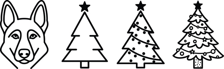 Dog Head German Shepherd and Four Christmas Tree Icon Set, Holiday Celebration Outline Symbol Collection, Line Art Minimalistic Vector Illustration, 