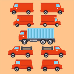 Transportation Array: A visual symphony of diverse red vehicles, each ready for its designated journey. Including several vans, a vibrant truck, all set against a neutral canvas.