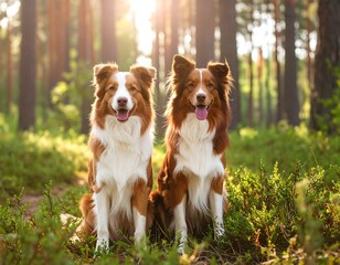 Two Border Collies in a sunlit forest