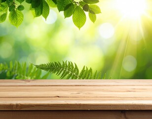 Sunny forest backdrop with wood surface
