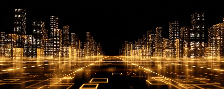 Futuristic cityscape with glowing orange lines and digital structures on a dark background - Powered by Adobe