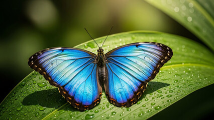 Vibrant blue butterfly on dewy green leaf in nature