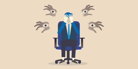 Overwhelmed businessman sitting in chair surrounded by floating eyes