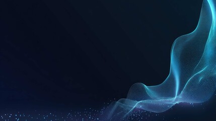 Abstract digital artwork features a flowing, ethereal blue wave against a dark backdrop