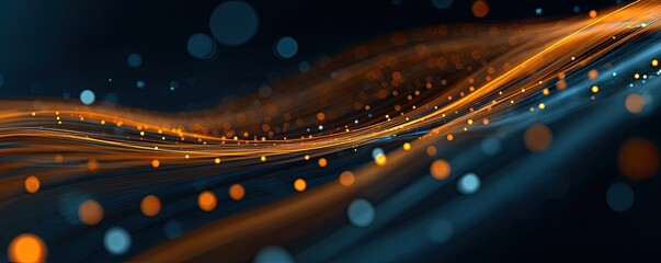 Abstract digital art. Flowing orange and blue lines with blurred dots against a dark background
