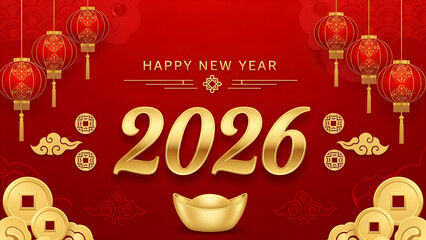 Happy new year 2026 greeting card with chinese lanterns and gold coins on red background