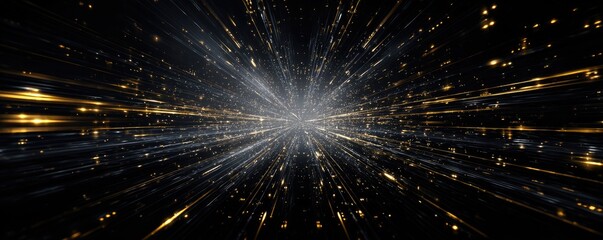 Abstract golden and silver light streaks radiating from a central point on black background