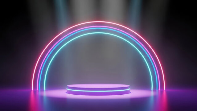 Neon lit purple and blue circular stage with glowing rainbow arch