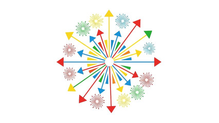 Colorful arrows and starburst shapes radiating from a central point, symbolizing diversity, expansion, and multi-directional flow.