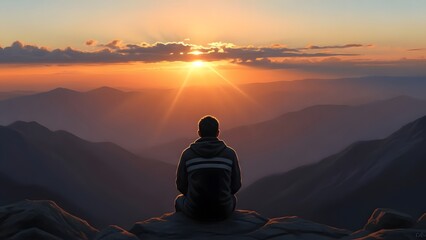 Silhouette of a person meditating on a mountaintop at sunset overlooking clouds