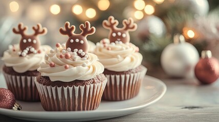 Christmas cupcakes decorated with reindeer toppers. The cupcakes have white frosting and are placed on a festive plate with a blurred background of holiday lights.