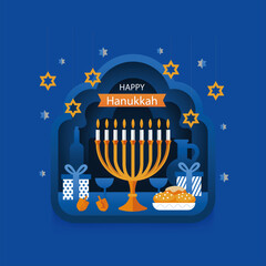 Hanukkah Celebration: A vibrant illustration depicts the joyful festival of Hanukkah, featuring a menorah aglow with candles, symbolic gifts and traditional delicacies on a festive blue background.