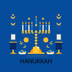 Hanukkah Celebration: A vibrant illustration showcasing a Hanukkah menorah, filled with lit candles, accompanied by traditional symbols and a rich blue backdrop.