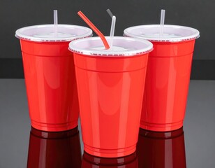 3 red cups with straws on reflective dark surface