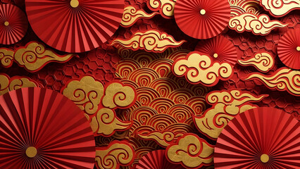Chinese new year background with red folding fans and golden auspicious clouds pattern