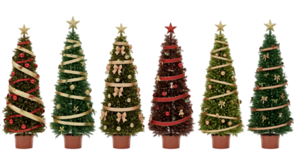 Collection of decorated christmas trees in various styles isolated on transparent background