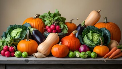 Abundant autumn harvest still life featuring pumpkins radishes and various fresh vegetables