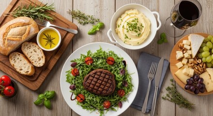 A delicious meal with steak, salad, and bread on a rustic wooden table.